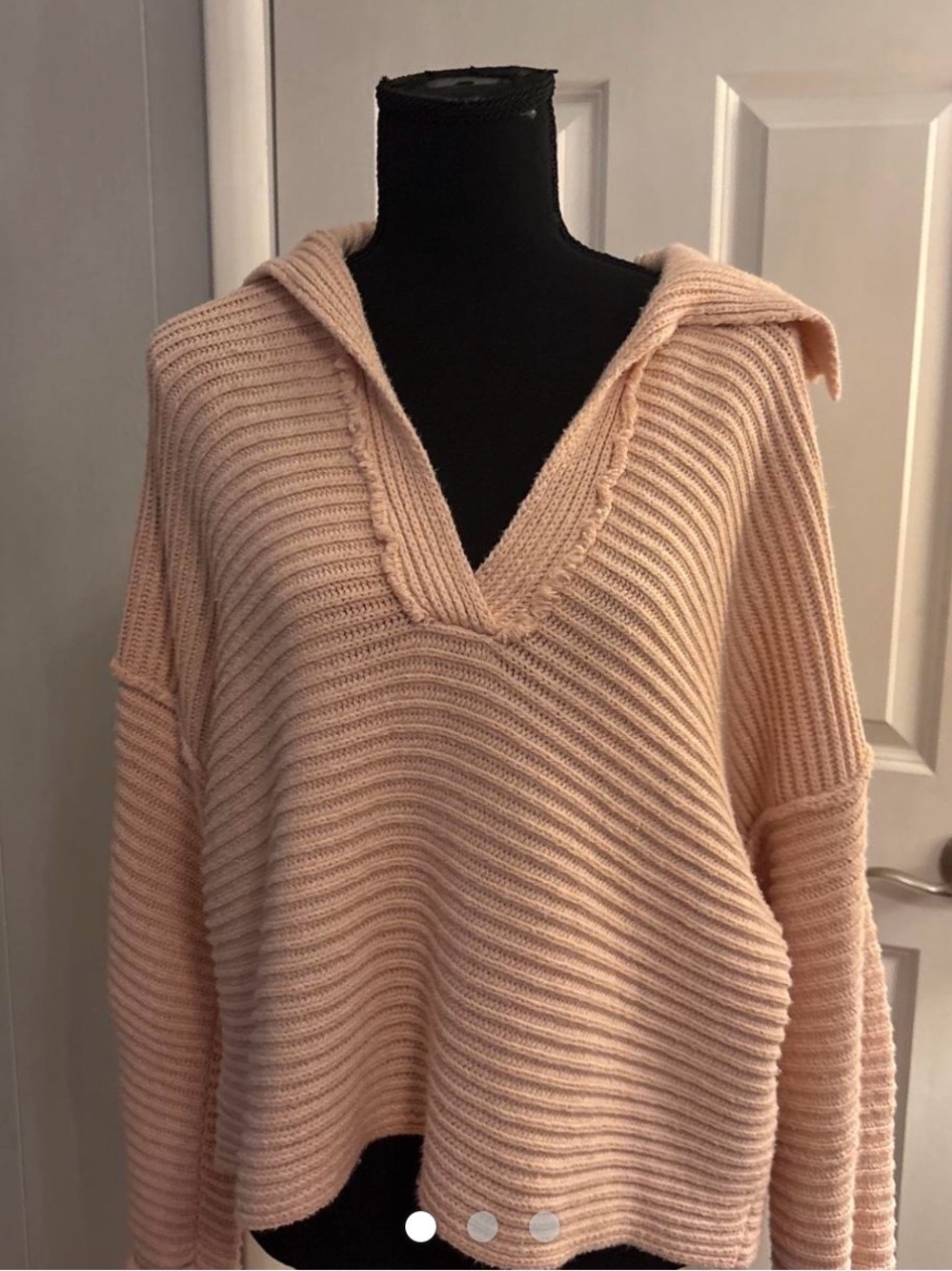 Free People Frayed V-Neck Pullover in Light Beige
